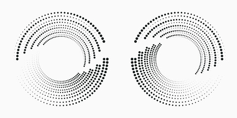 Halftone logo set. Circular dotted logo isolated on the white background. Garment fabric design.Halftone circle dots texture. Vector design element for various purposes.