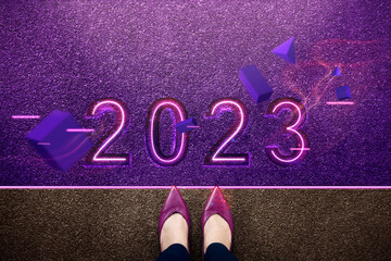 2023 Year Concept. Top View of Business Woman Standing on Starting Line. Get Ready to Steps Forward to New Year Challenge. Year of Technology, Web3.0, Blockchain and Next Layer of the Internet