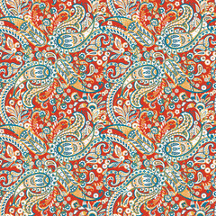 Floral fabric background with paisley ornament. Seamless vector pattern