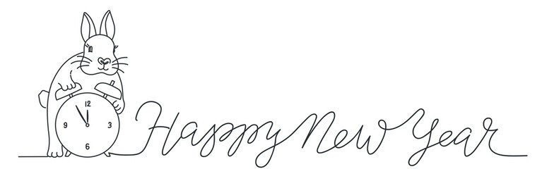 Happy New Year card. Cute rabbit with alarm clock.