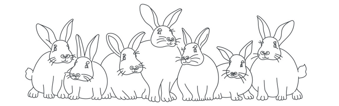 Seven Rabbits are sitting together.