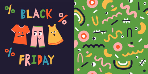 Fototapeta premium Cartoon Black Friday Kids, Seamless pattern monsters abstraction, Hand drawn sign, lettering.Children's clothing store. Flat vector illustration for web banner, advertisement, cover, textile.
