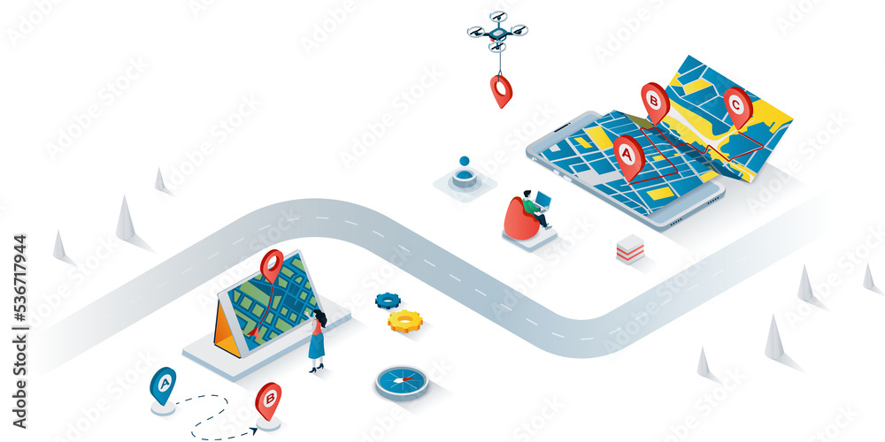 Poster GPS navigation concept 3d isometric web banner. People use online maps and apps with geolocation, online tracking technology for travel. Illustration for landing page and web template design