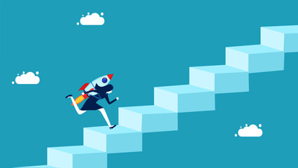 Business innovation was successful. Businesswoman with rocket running on stairs vector