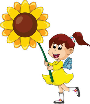 The girl in the yellow dress brings sunflowers cartoon vector illustration