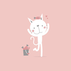 cute and lovely white cat with fish, happy valentine's day, birthday, love concept, flat vector illustration cartoon character costume design