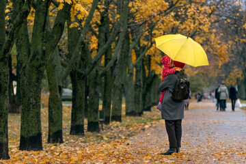 Mom holds a small child in her arms while standing under a yellow umbrella in an autumn park against a background of yellow foliage