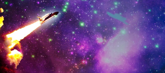 Shuttle launch in the clouds to outer space. Dark space with stars on background.Spaceship flight. Elements of this image furnished by NASA