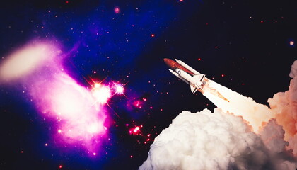 Shuttle launch in the clouds to outer space. Dark space with stars on background.Spaceship flight....