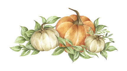Watercolor pumpkins. Autumn decoration floral design. Botanical illustration. Thanksgiving card.