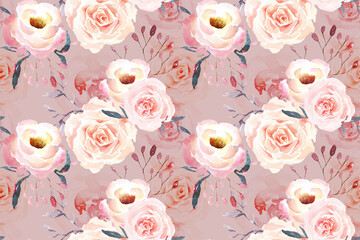 Rose seamless pattern with watercolor pastel color background.Designed for fabric luxurious and wallpaper, vintage style.Hand drawn floral pattern illustration.Rose garden.Pink flower bouquet.