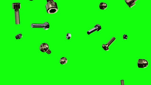 Screw are falling into transparent space on green screen background. Seamless looped 4K Footage