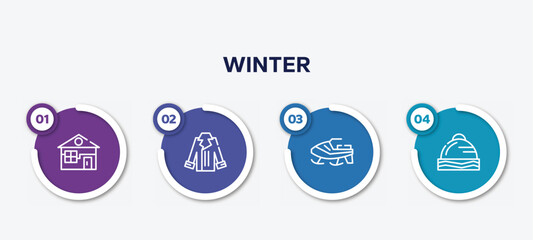 infographic element template with winter outline icons such as winter cabin, coat, snowmobile, winter cap vector.