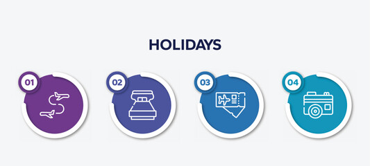 infographic element template with holidays outline icons such as flight transfer, king size, airplane tickets, vintage digital photo camera vector.