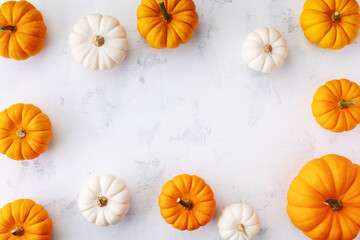 Autumn Thanksgiving frame. White and orange pumpkins on stone table top view.
