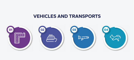 infographic element template with vehicles and transports outline icons such as broken line, ferry, airplane, small plane vector.