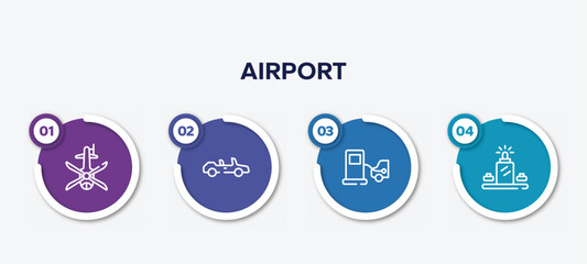 infographic element template with airport outline icons such as helicopter black shape top view, convertible, refilling, luggage scan vector.