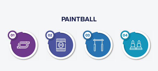 infographic element template with paintball outline icons such as race track, blue card, horizontal bar, munition vector.