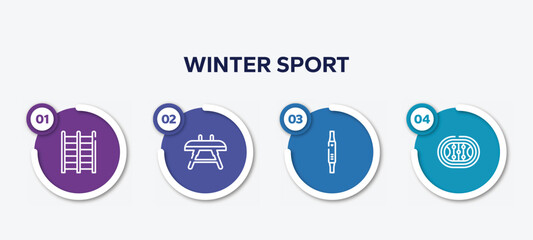 infographic element template with winter sport outline icons such as trellis, vaulting horse, fitness watch, hockey arena vector.