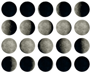 Procedural generated artificial moon phases rendered in 3d. Tile set can be used in space related games or illustrations for example. Each of the rendered frames are 1080x1080 in size