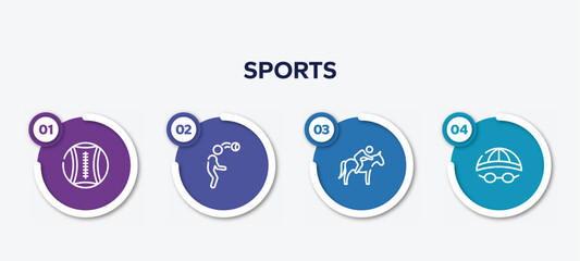 infographic element template with sports outline icons such as medicine ball, head hitting, horse riding, swimming hat vector.
