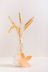 Ears of wheat in a decorative bottle and a paper maple leaf on a light background. Autumn decoration