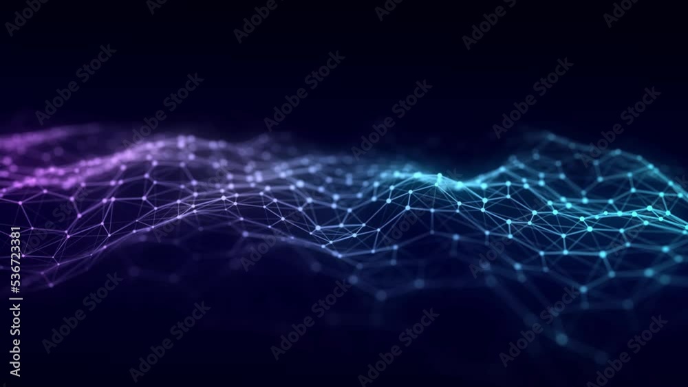 Fototapete Blue hexagon wave of particles and lines. Big data visualization. Abstract background with a dynamic wave. 3d rendering.
