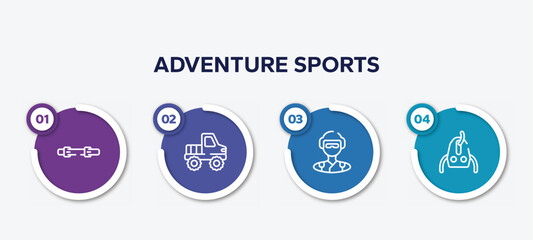 infographic element template with adventure sports outline icons such as diving belt, off road, skydiver, sheave vector.