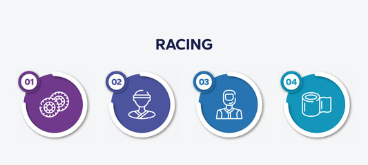 infographic element template with racing outline icons such as pit, judoka, drivers, null vector.