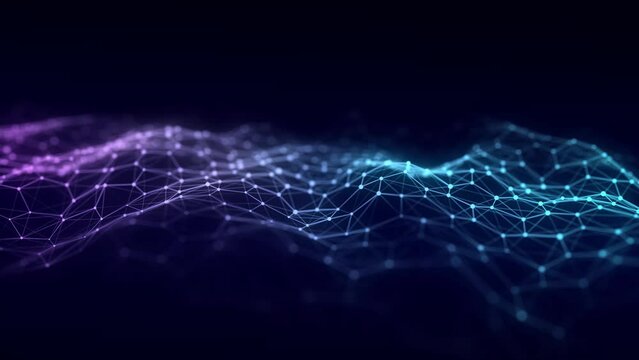 Blue hexagon wave of particles and lines. Big data visualization. Abstract background with a dynamic wave. 3d rendering.