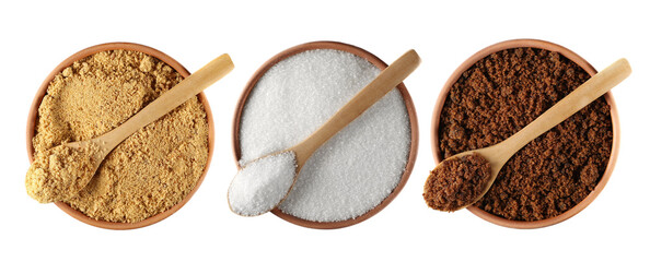 Set sweet sugar, unrefined brown cane sugar, white crystallized refined sugar pile (beet) ,...