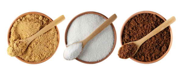 Set sweet sugar, unrefined brown cane sugar, white crystallized refined sugar pile (beet) , muscovado in clay pot isolated on white, top view    