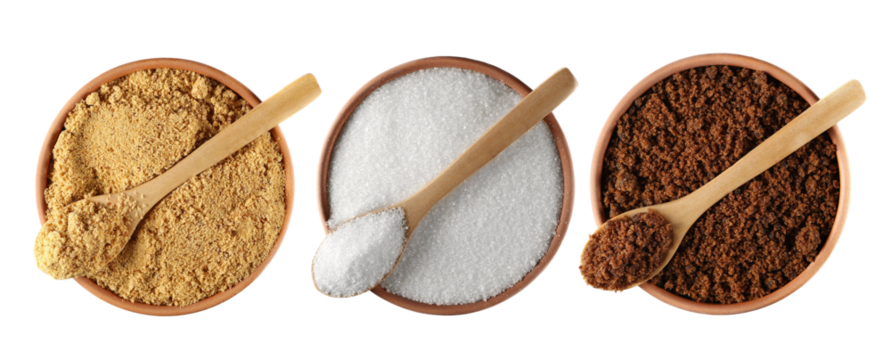 Set sweet sugar, unrefined brown cane sugar, white crystallized refined sugar pile (beet) , muscovado in clay pot isolated on white, top view    