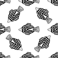 Seamless pattern with fishes. Black and white hand drawn vector illustration. Seamless background. Wallpaper design. Fabric design. Simple vector pattern with cute fishes.
