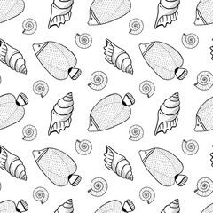 Seamless pattern with fishes and shells. Black and white hand drawn vector illustration. Seamless background. Wallpaper design. Fabric design. Simple vector pattern with cute fishes.