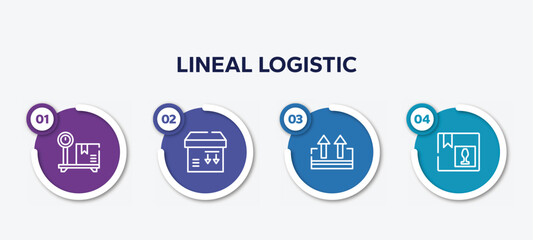 infographic element template with lineal logistic outline icons such as box on delivery scale, side down, keep up, fragile pack vector.