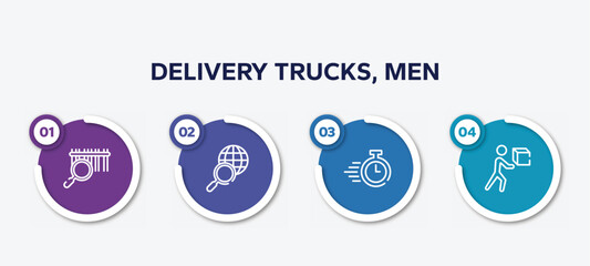 infographic element template with delivery trucks, men outline icons such as barcode scan, search worldwide, delivery timer, delivering box vector.