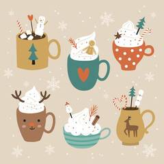 vector set of cute christmas cocoa mugs