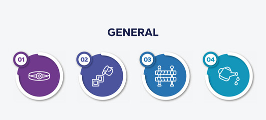 infographic element template with general outline icons such as head mirror, live paint, traffic barriers, watering can with water drops vector.
