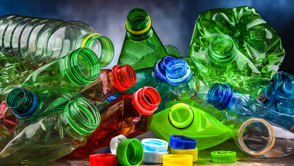 Empty colored drink bottles. Recyclable plastic waste - obrazy, fototapety, plakaty