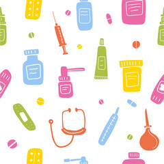 Vector pattern of medical drugs in the style of doodles
