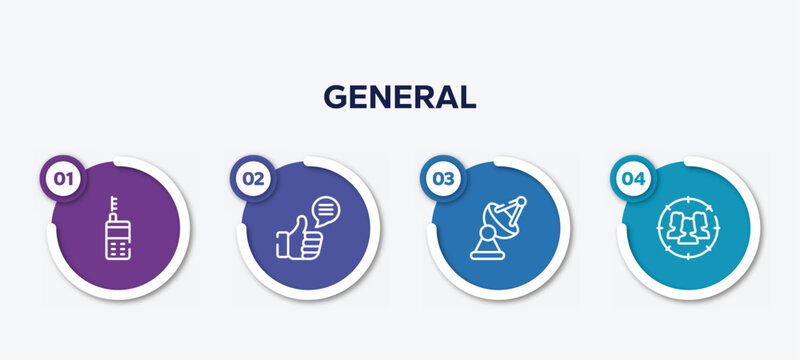 Infographic Element Template With General Outline Icons Such As Laser Measurement, Social Campaign, Satellite Antenna, Team Target Vector.