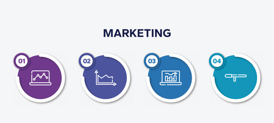 infographic element template with marketing outline icons such as graph notebook, area chart, online graph, baton stick vector.