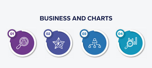 infographic element template with business and charts outline icons such as hiring, favorites, org, search stats vector.