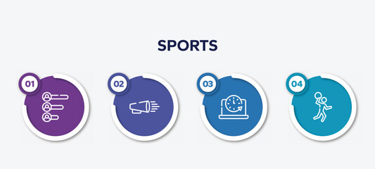 infographic element template with sports outline icons such as voting results, product promotion, circular clock, handball vector.