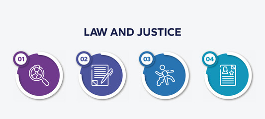 infographic element template with law and justice outline icons such as investigation, wills and trusts, corpse, criminal record vector.