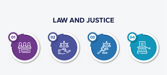 infographic element template with law and justice outline icons such as jury, justice scales in hand, law and justice, stenographer vector.