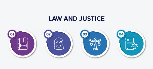 infographic element template with law and justice outline icons such as law book, balaclava, justice scale, corporative law vector.