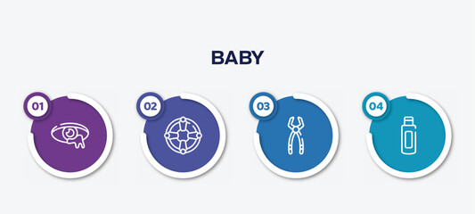 infographic element template with baby outline icons such as infection, life saver, tooth pliers, body oil vector.