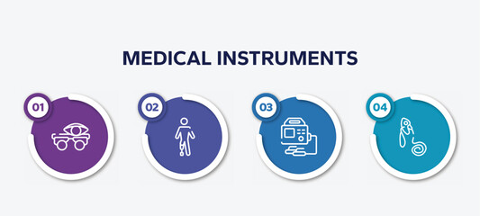infographic element template with medical instruments outline icons such as optometrist, prosthetic, defibrillator, oxygen mask vector.